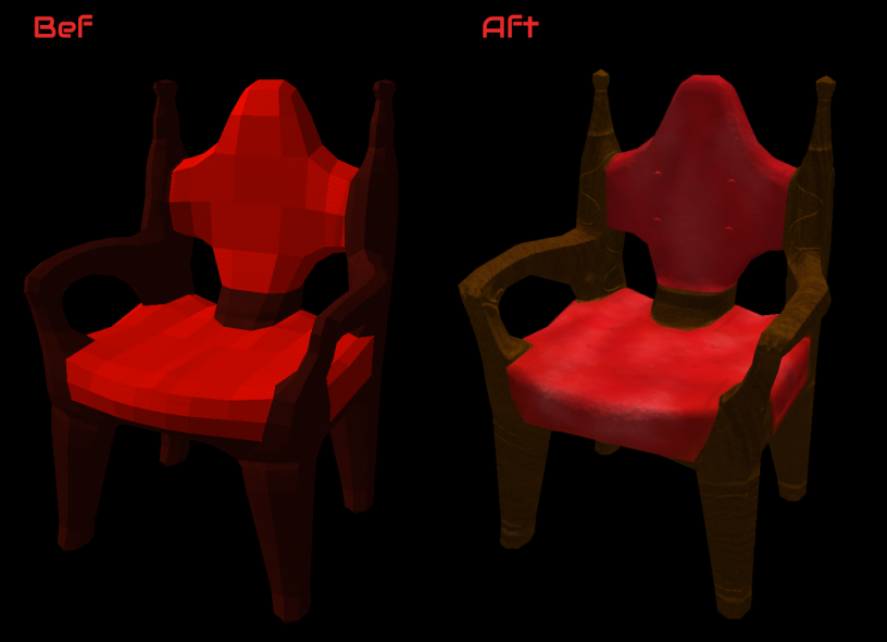 A comparison of two chairs, one with normals mapping and one without