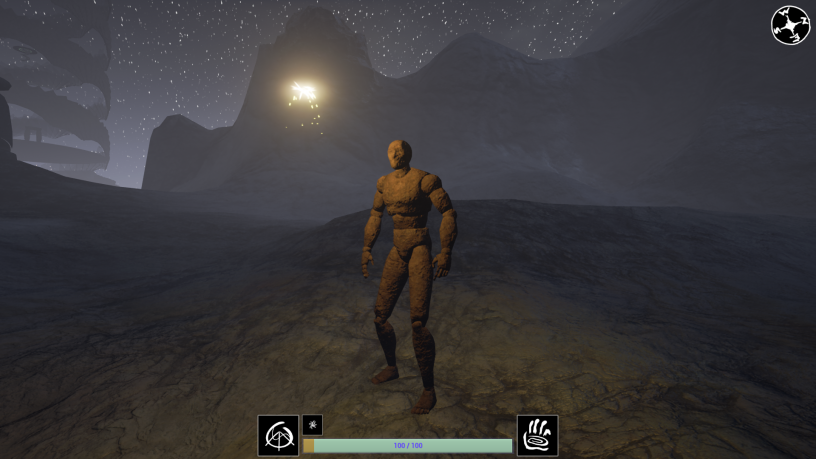 A screen grab from a demo level showing the default UE character model with a rust material.